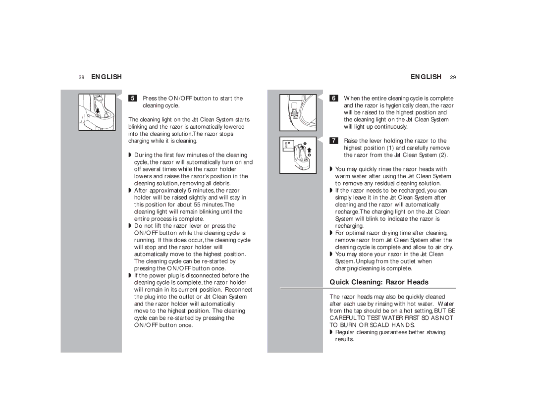 Philips 9170XLCC manual Quick Cleaning Razor Heads, Press the ON/OFF button to start the cleaning cycle 