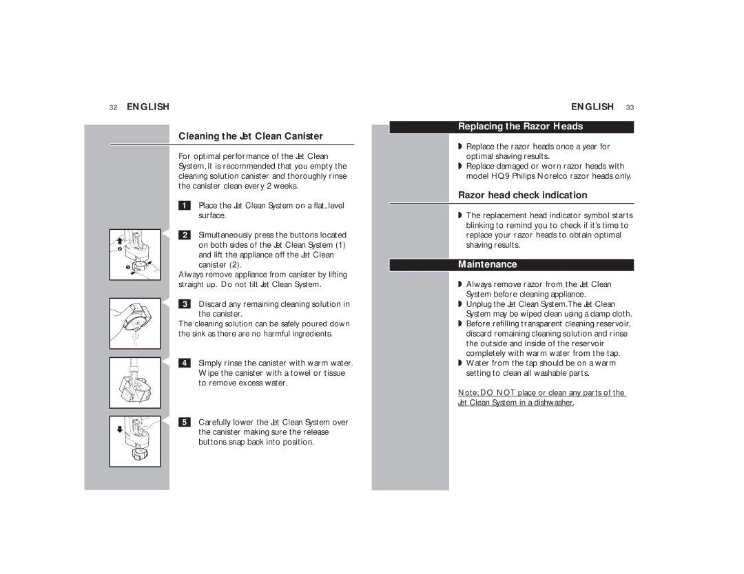 Philips 9170XLCC Cleaning the Jet Clean Canister, Replacing the Razor Heads, Razor head check indication, Maintenance 