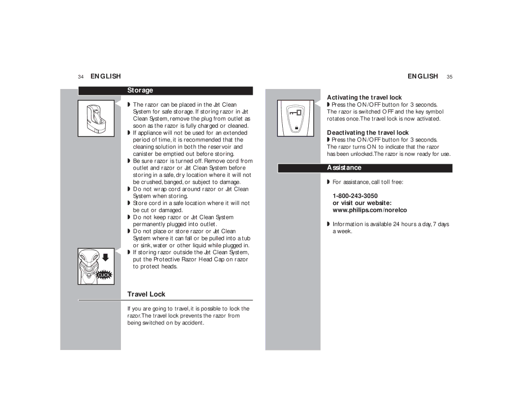 Philips 9170XLCC manual Storage, Travel Lock, Assistance, To protect heads 