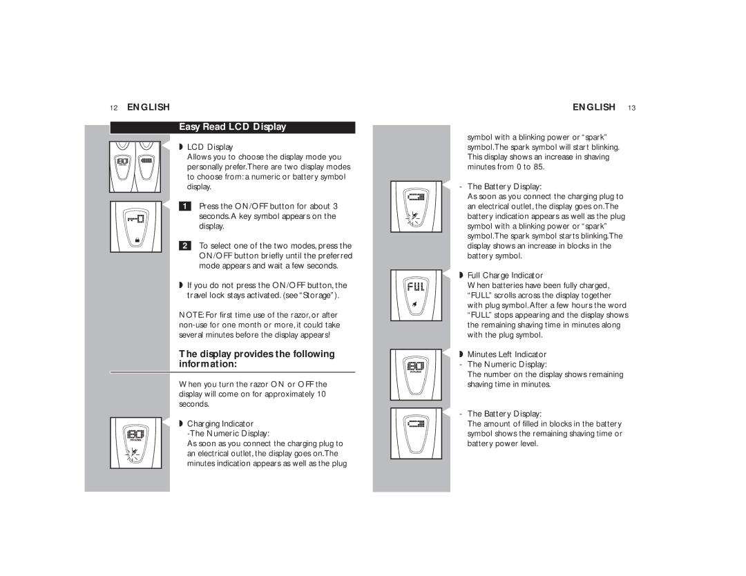 Philips 9170XLCC manual Easy Read LCD Display, Display provides the following information, Battery Display 