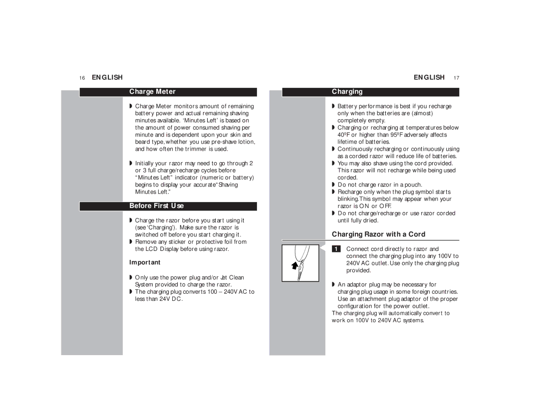 Philips 9170XLCC manual Charge Meter, Before First Use, Charging Razor with a Cord 