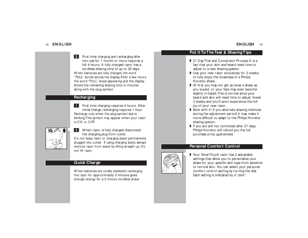 Philips 9190XL manual Recharging, Quick Charge, Put It To The Test & Shaving Tips, Personal Comfort Control 