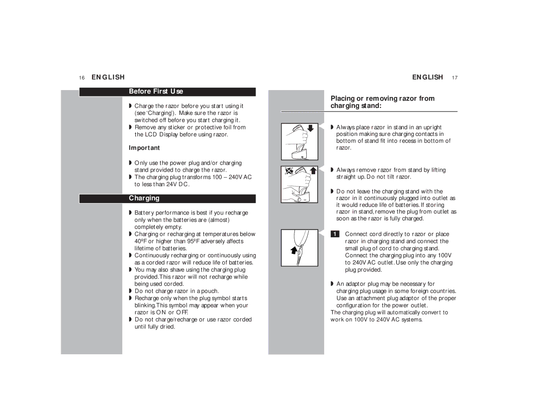 Philips 9190XL manual Before First Use, Charging, Placing or removing razor from charging stand 