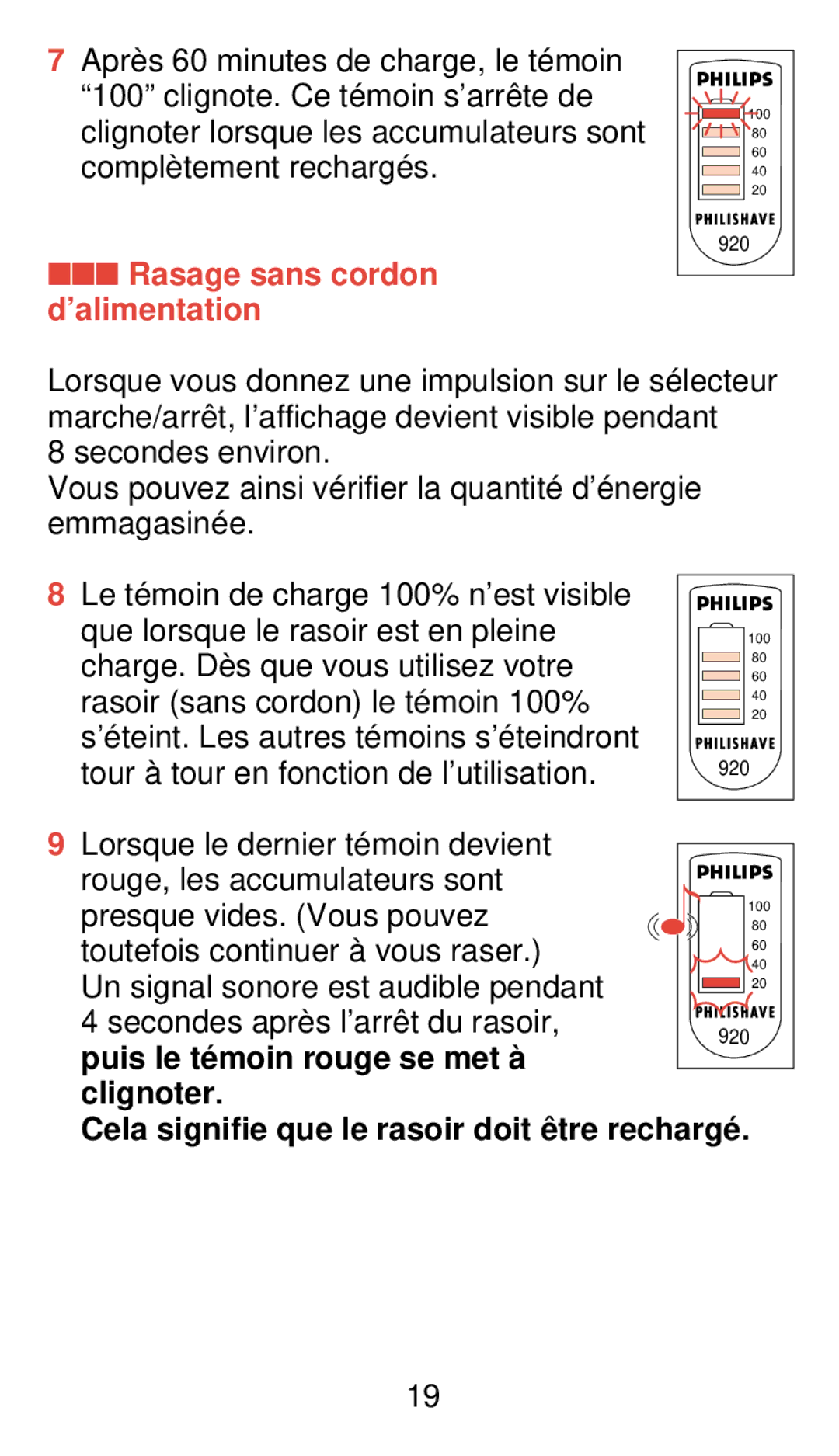 Philips 920 manual Rasage sans cordon d’alimentation 