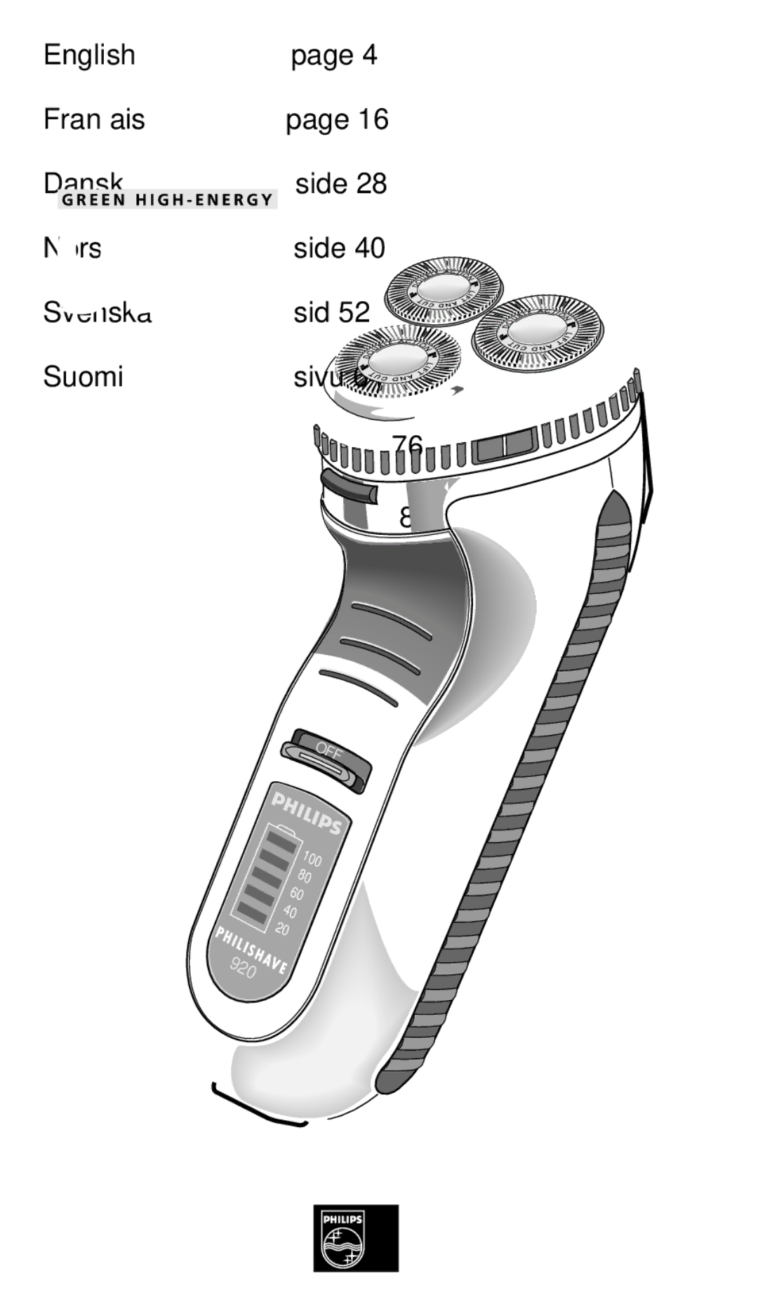 Philips 920 manual English Français Dansk Side Norsk Svenska Suomi Sivu 