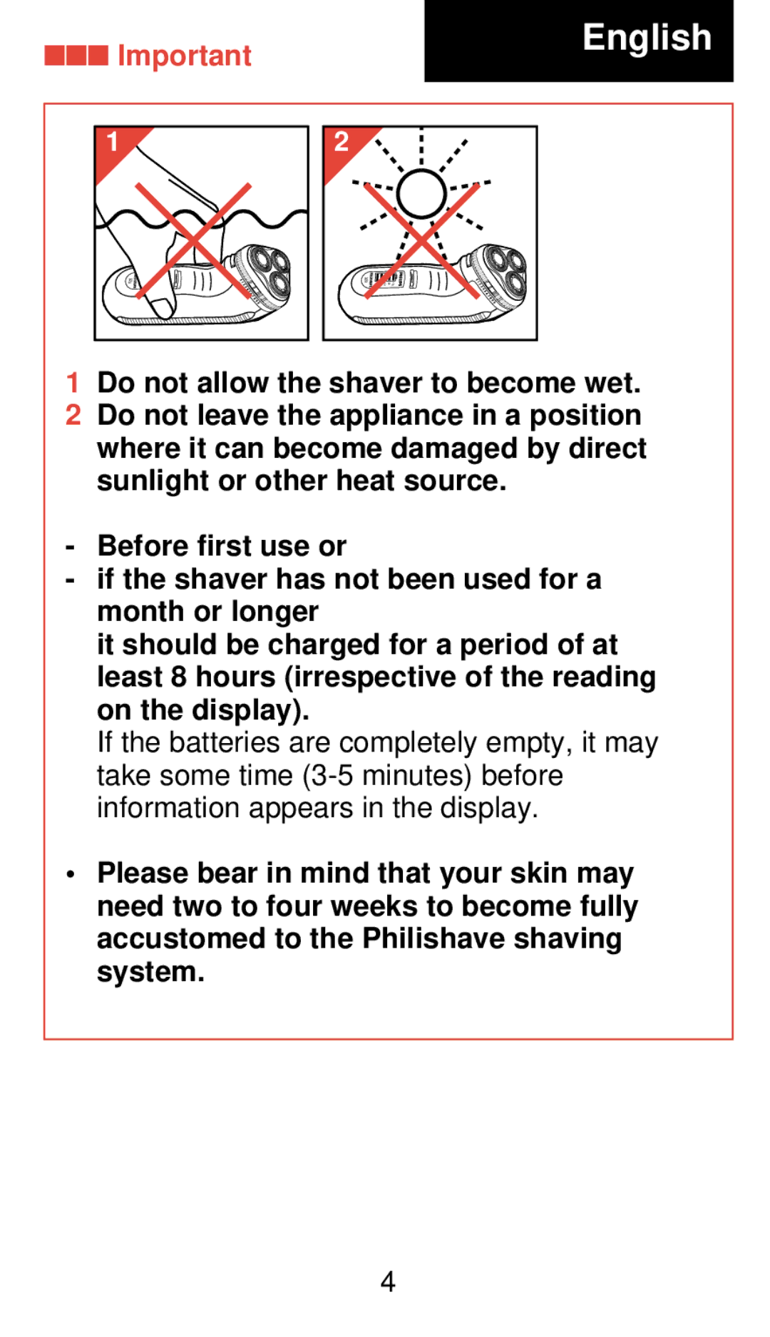 Philips 920 manual English, Do not allow the shaver to become wet 