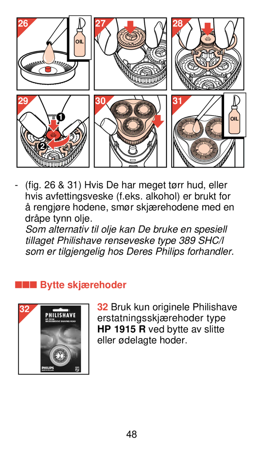 Philips 920 manual Bytte skjærehoder 