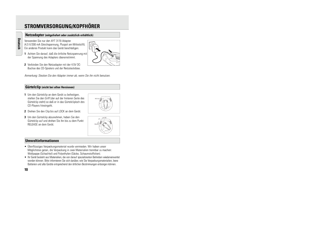 Philips 9240 manual Stromversorgung/Kopfhörer, Umweltinformationen, Netzadapter mitgeliefert oder zusätzlich erhältlich 