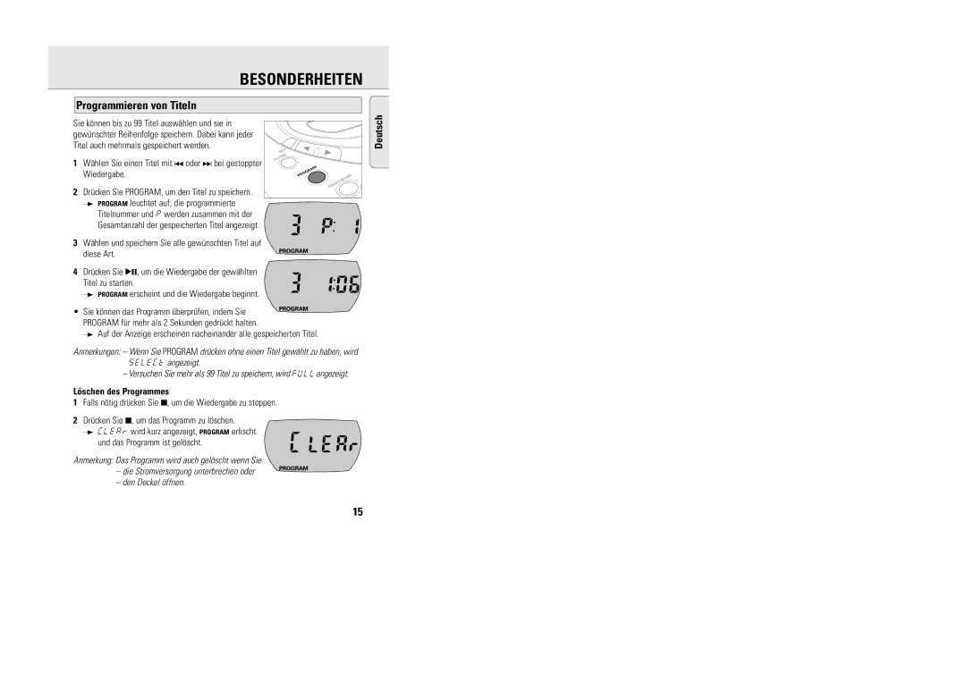 Philips 9240 manual Besonderheiten, Programmieren von Titeln, Wählen Sie einen Titel mit oder ¤ bei gestoppter Wiedergabe 