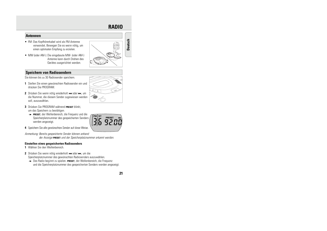 Philips 9240 manual Antennen, Speichern von Radiosendern, Einstellen eines gespeicherten Radiosenders 