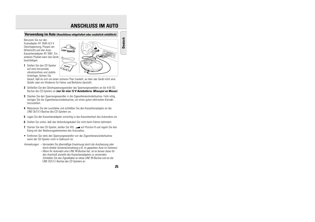 Philips 9240 manual Anschluss IM Auto, Stellen Sie den CD-Spieler 