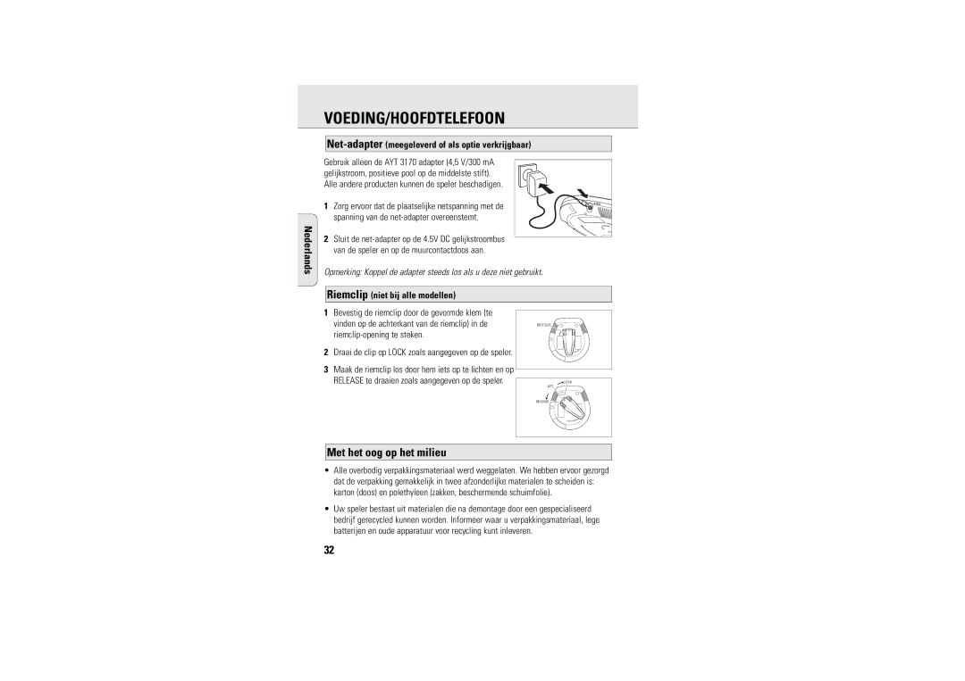 Philips 9240 manual Voeding/Hoofdtelefoon, Met het oog op het milieu, Net-adaptermeegeleverd of als optie verkrijgbaar 