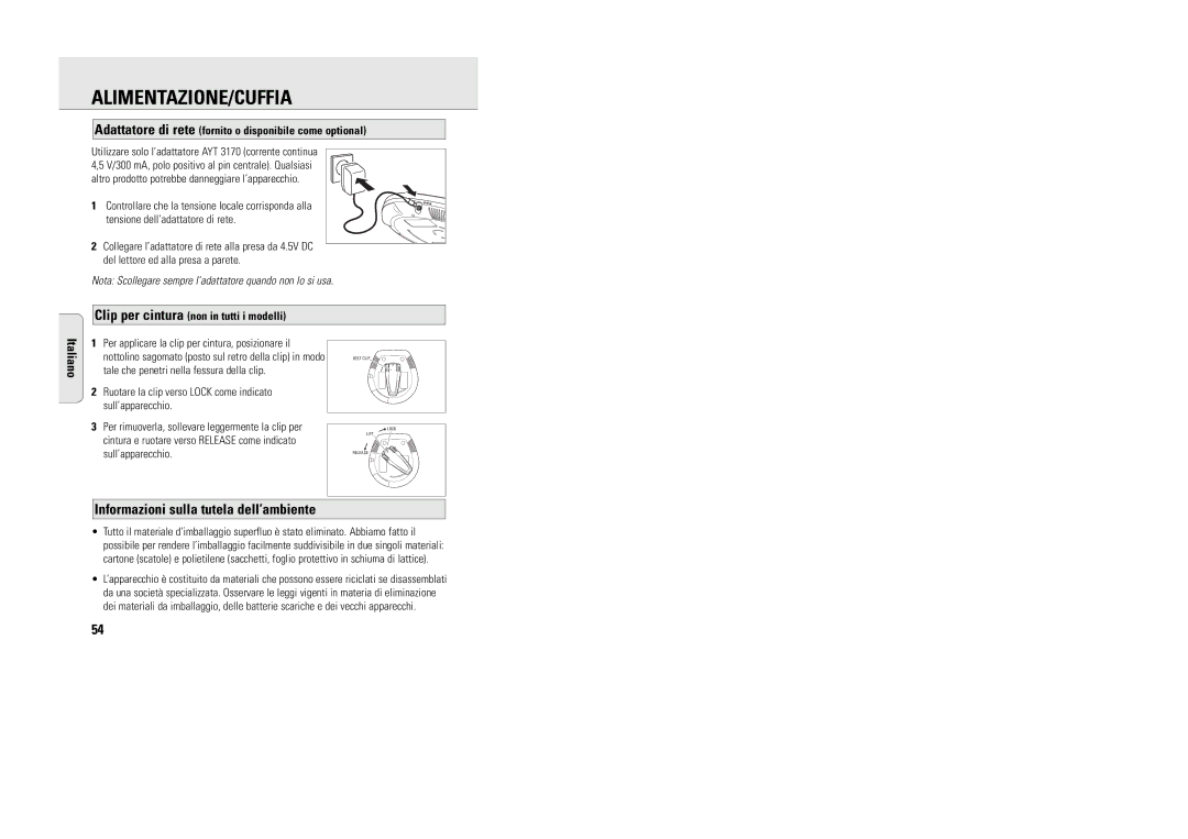 Philips 9240 manual Alimentazione/Cuffia, Informazioni sulla tutela dell’ambiente, Clip per cintura non in tutti i modelli 