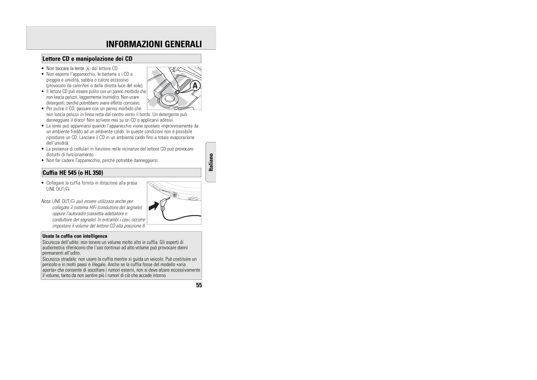 Philips 9240 manual Informazioni Generali, Lettore CD e manipolazione dei CD, Cuffia HE 545 o HL 