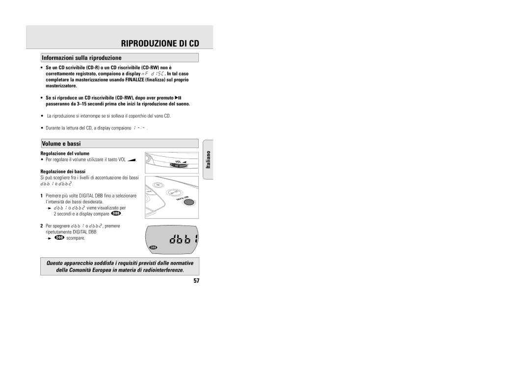 Philips 9240 manual Riproduzione DI CD, Informazioni sulla riproduzione, Volume e bassi, Regolazione del volume 