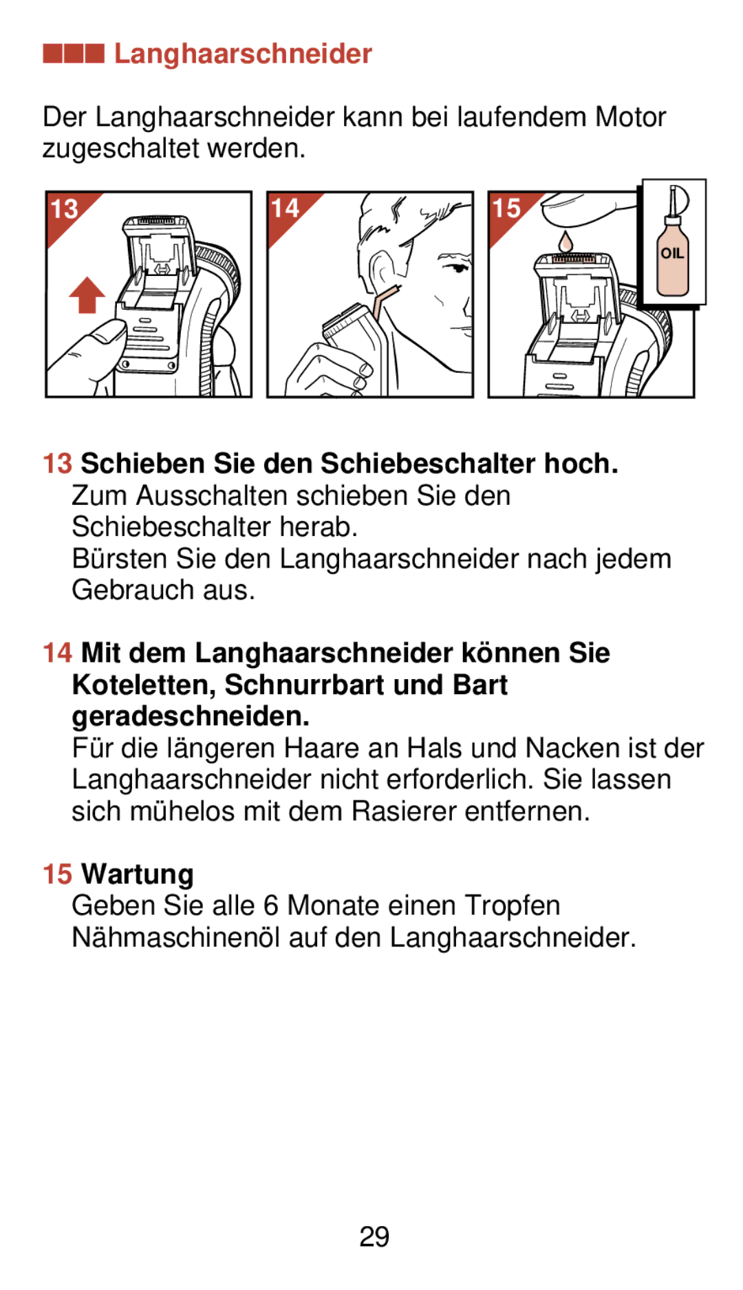 Philips 930 manual Langhaarschneider, Wartung 