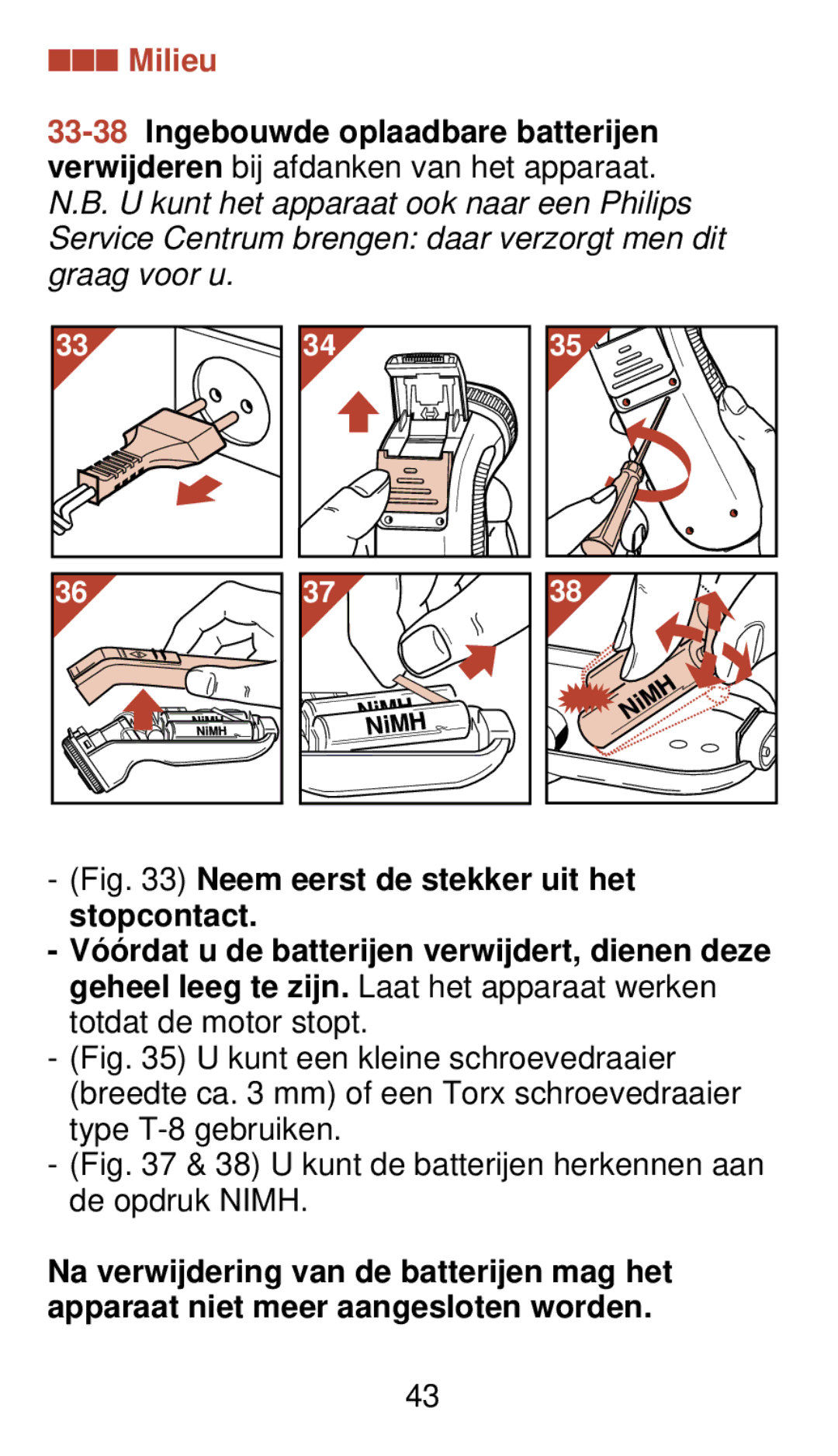 Philips 930 manual Milieu, U kunt de batterijen herkennen aan de opdruk Nimh 