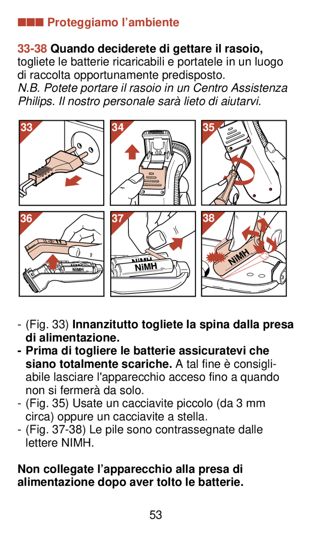 Philips 930 manual Proteggiamo l’ambiente, Le pile sono contrassegnate dalle lettere Nimh 