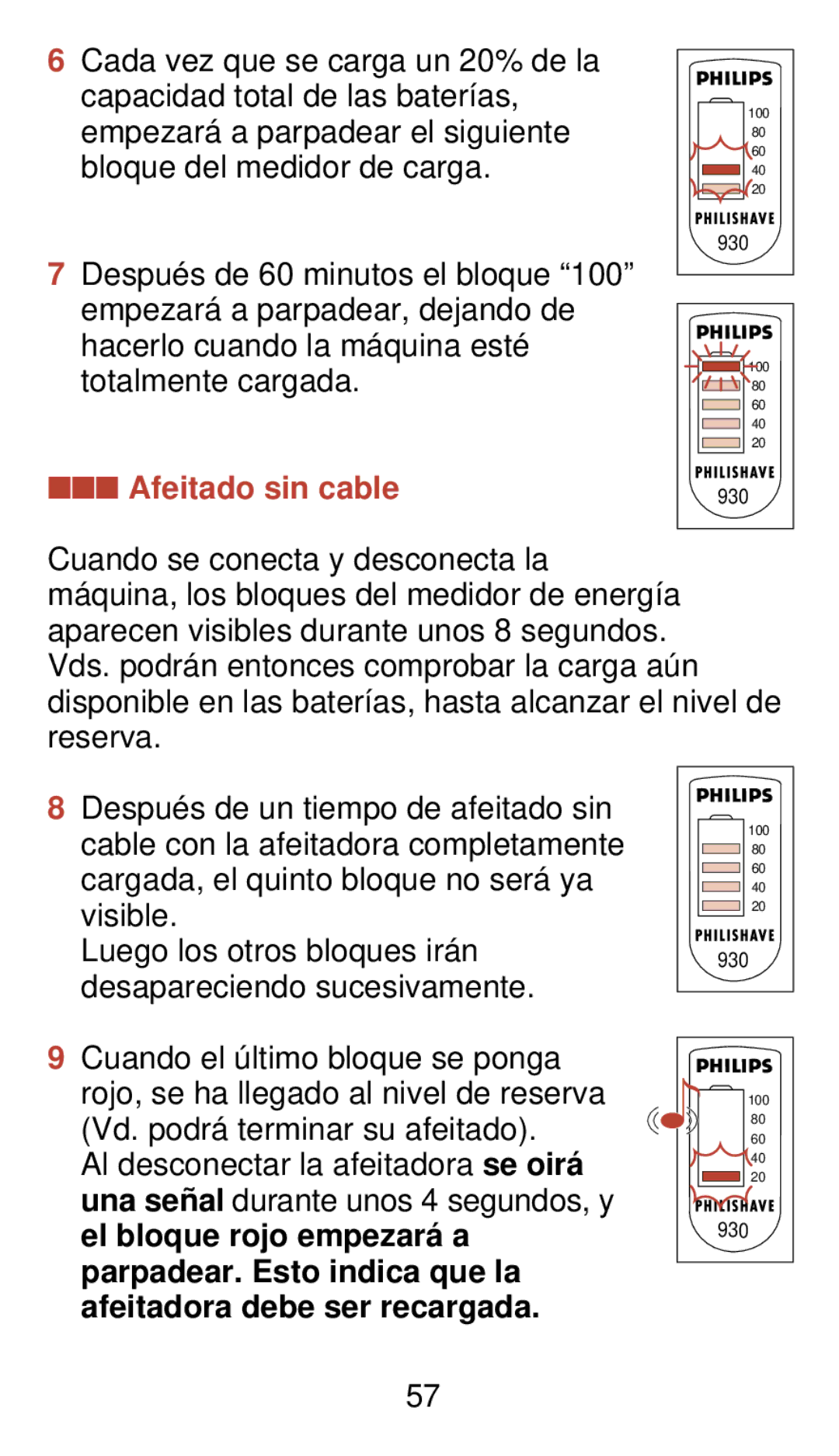 Philips 930 manual Afeitado sin cable 