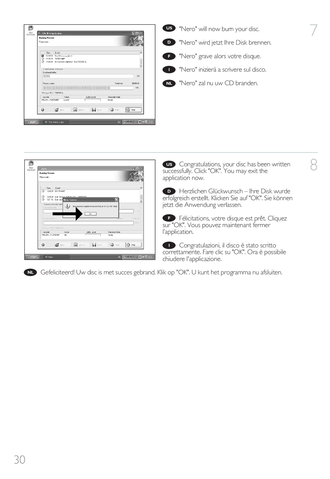 Philips 9305 125 2004.7 manual US Nero will now burn your disc, Successfully. Click OK. You may exit 