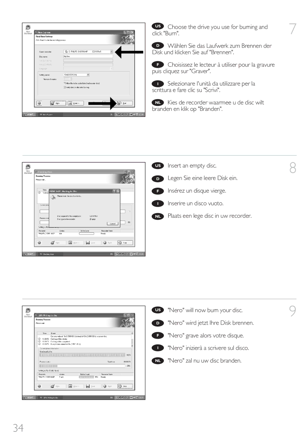 Philips 9305 125 2004.7 manual Click Burn, US Nero will now burn your disc 