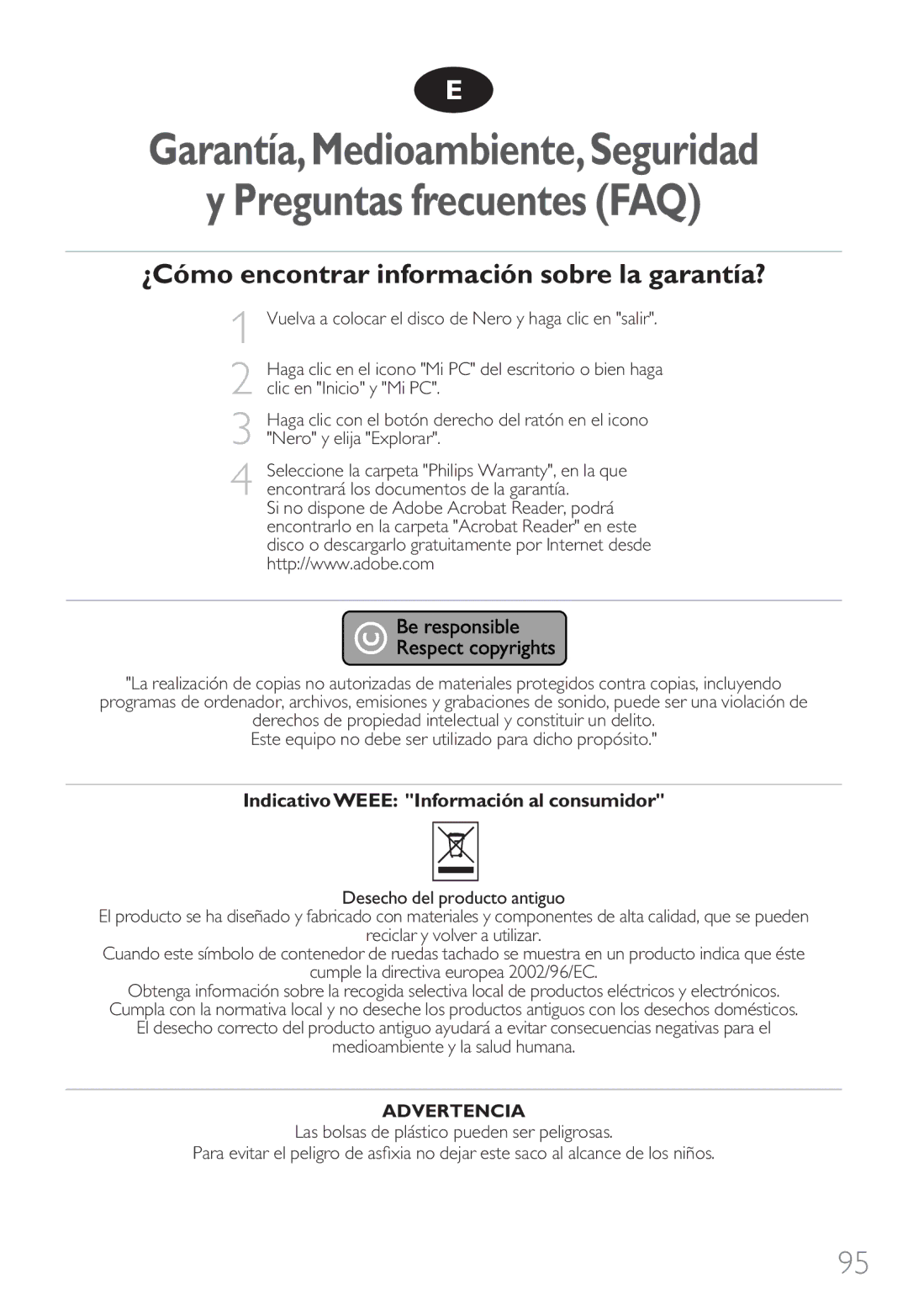 Philips 9305 125 2004.7 manual ¿Cómo encontrar información sobre la garantía?, Indicativo Weee Información al consumidor 