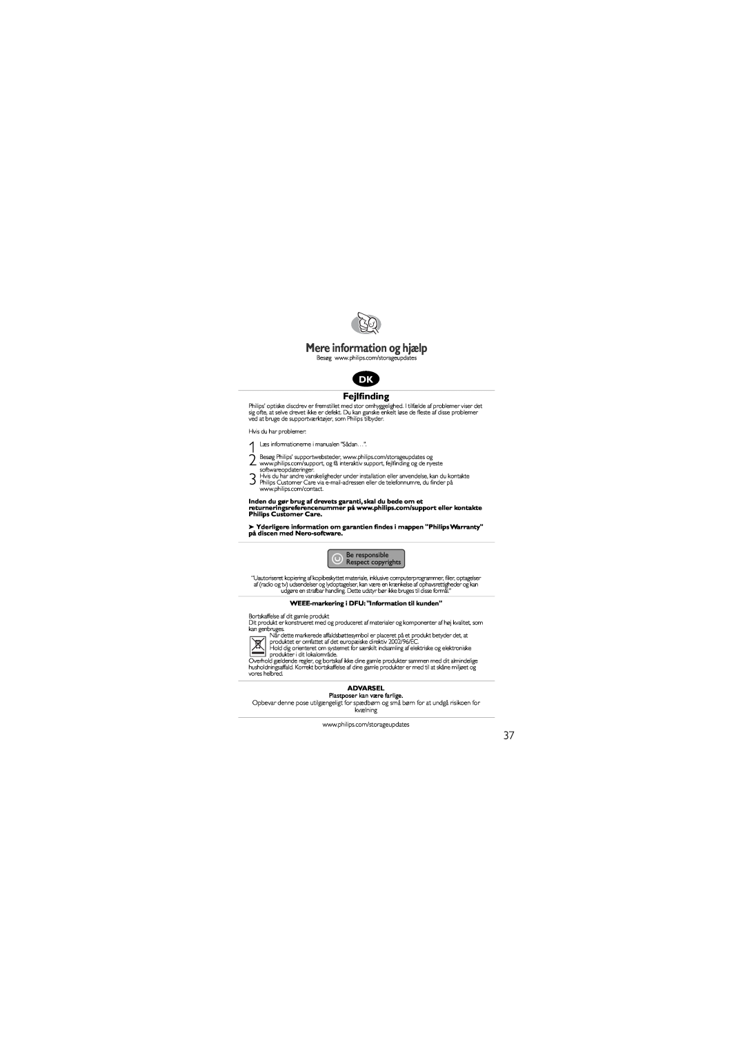 Philips SJ/T11363 manual Mere information og hjælp, Fejlﬁnding, WEEE-markeringi DFU Information til kunden, Advarsel 