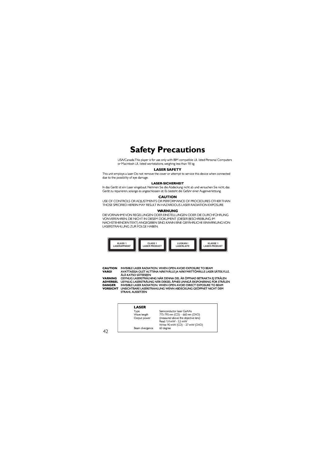 Philips 9305 125 2477.5, SJ/T11363 manual Safety Precautions, Laser Safety, Warnung, Laser-Sicherheit 
