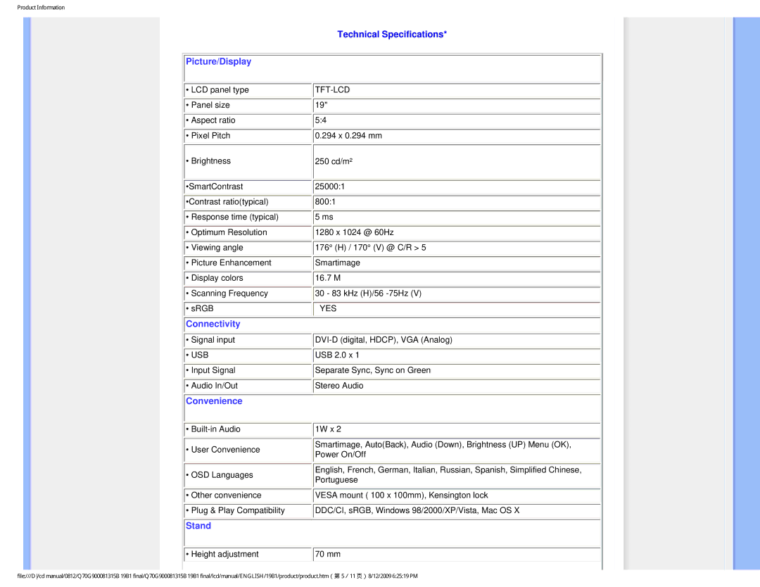 Philips 89/E-06251, 93/T-42107, 19B1CB/27 user manual Technical Specifications, Picture/Display 