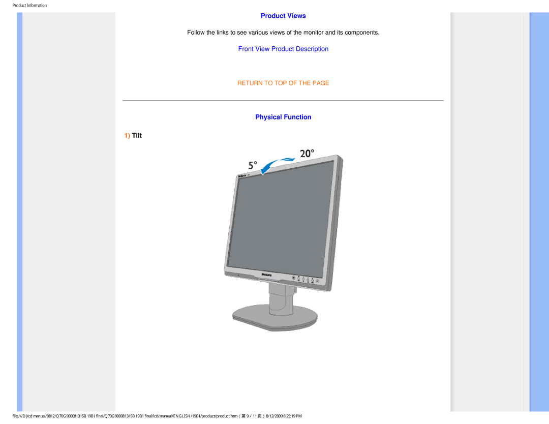 Philips 19B1CB/27, 93/T-42107, 89/E-06251 user manual Product Views, Physical Function, Tilt 