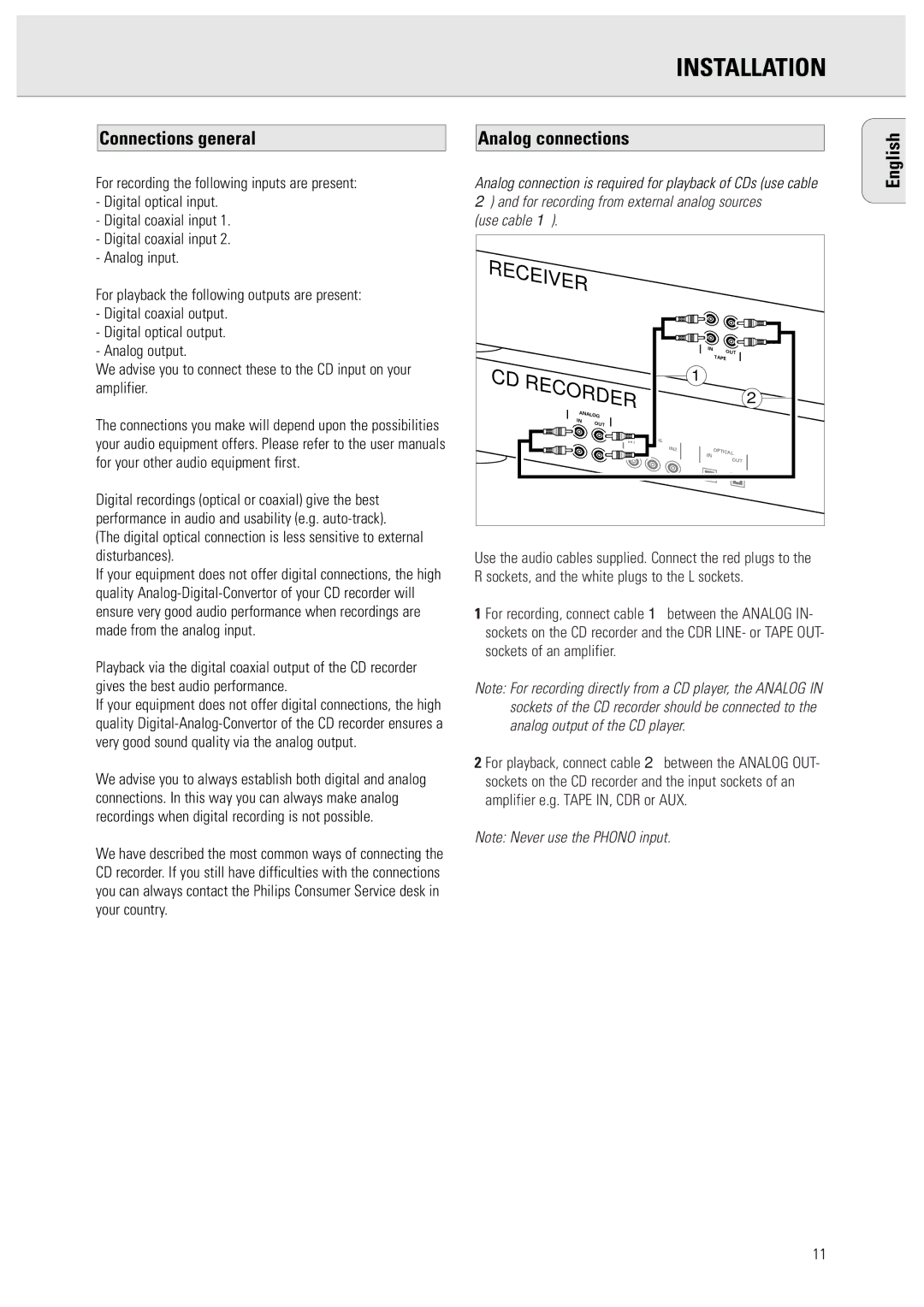 Philips 950 manual Installation, Connections general Analog connections English 