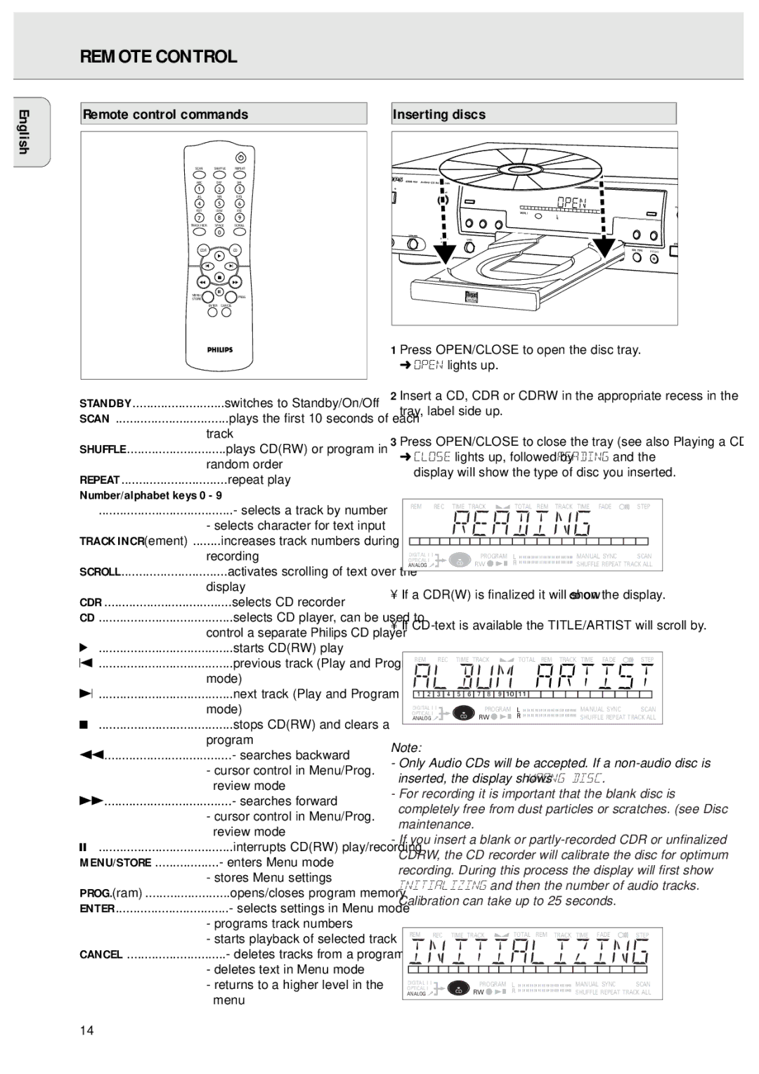 Philips 950 Remote Control, English Remote control commands, Inserting discs, Number/alphabet keys 0, Track INCRement 