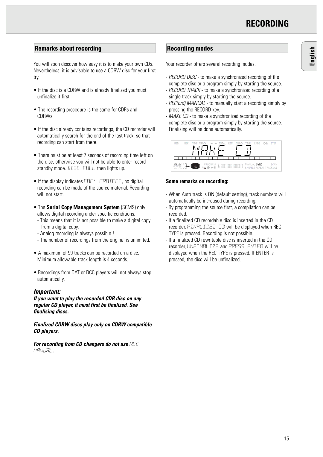 Philips 950 manual Remarks about recording Recording modes English, Some remarks on recording 