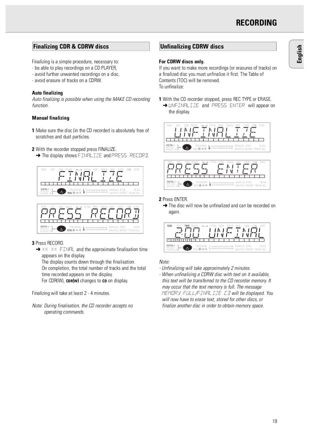 Philips 950 manual Finalizing CDR & Cdrw discs Unfinalizing Cdrw discs English, Auto finalizing, Manual finalizing 