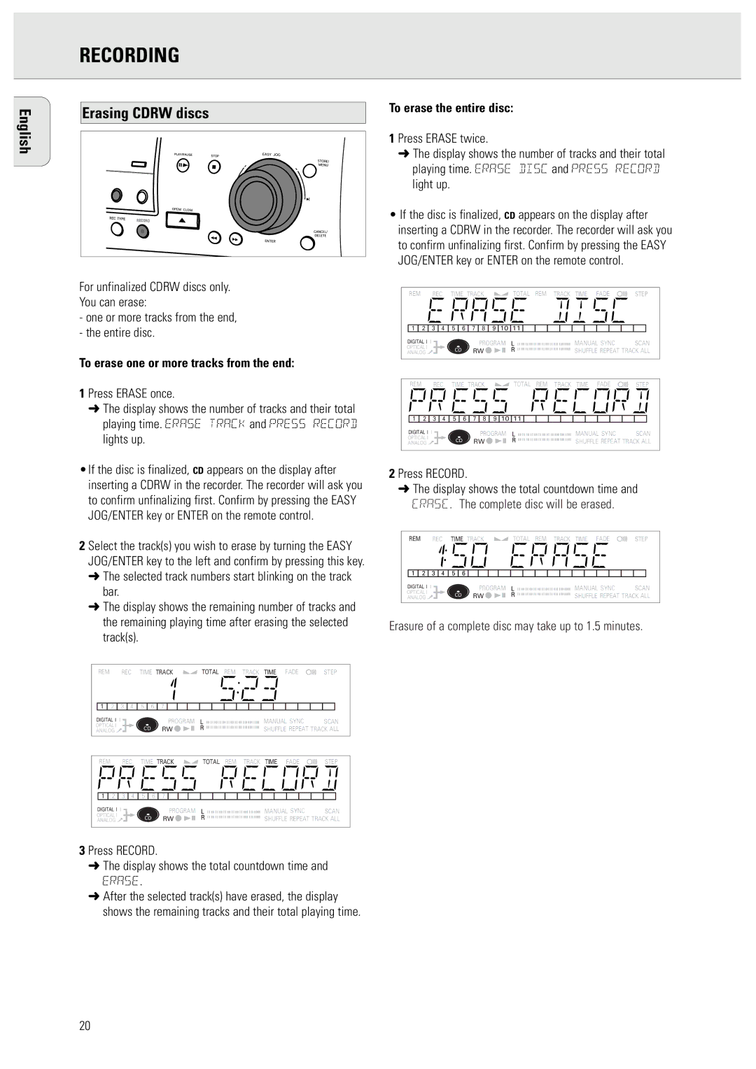 Philips 950 English Erasing Cdrw discs, To erase one or more tracks from the end, To erase the entire disc, Press Record 