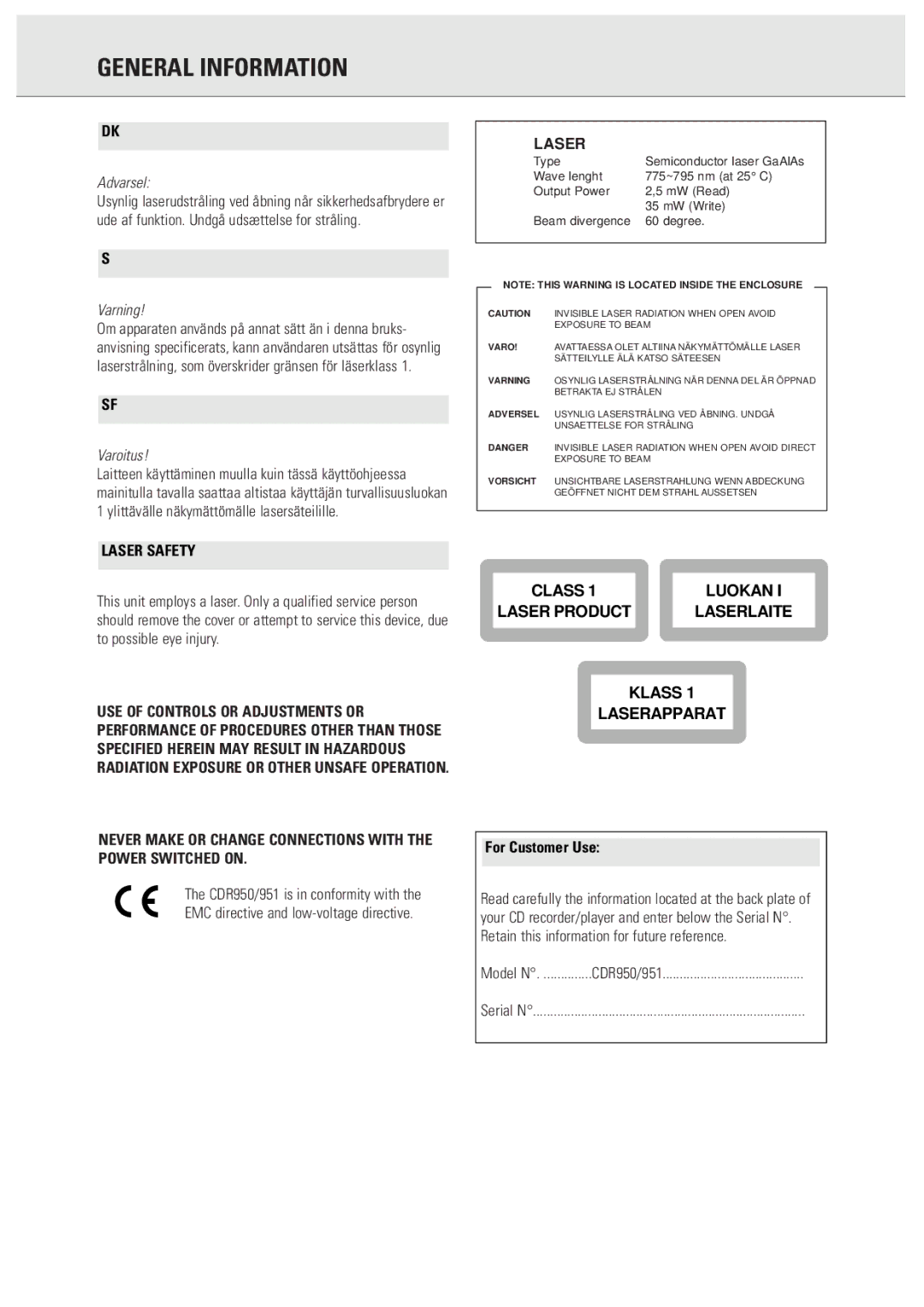 Philips 950 manual General Information, For Customer Use 