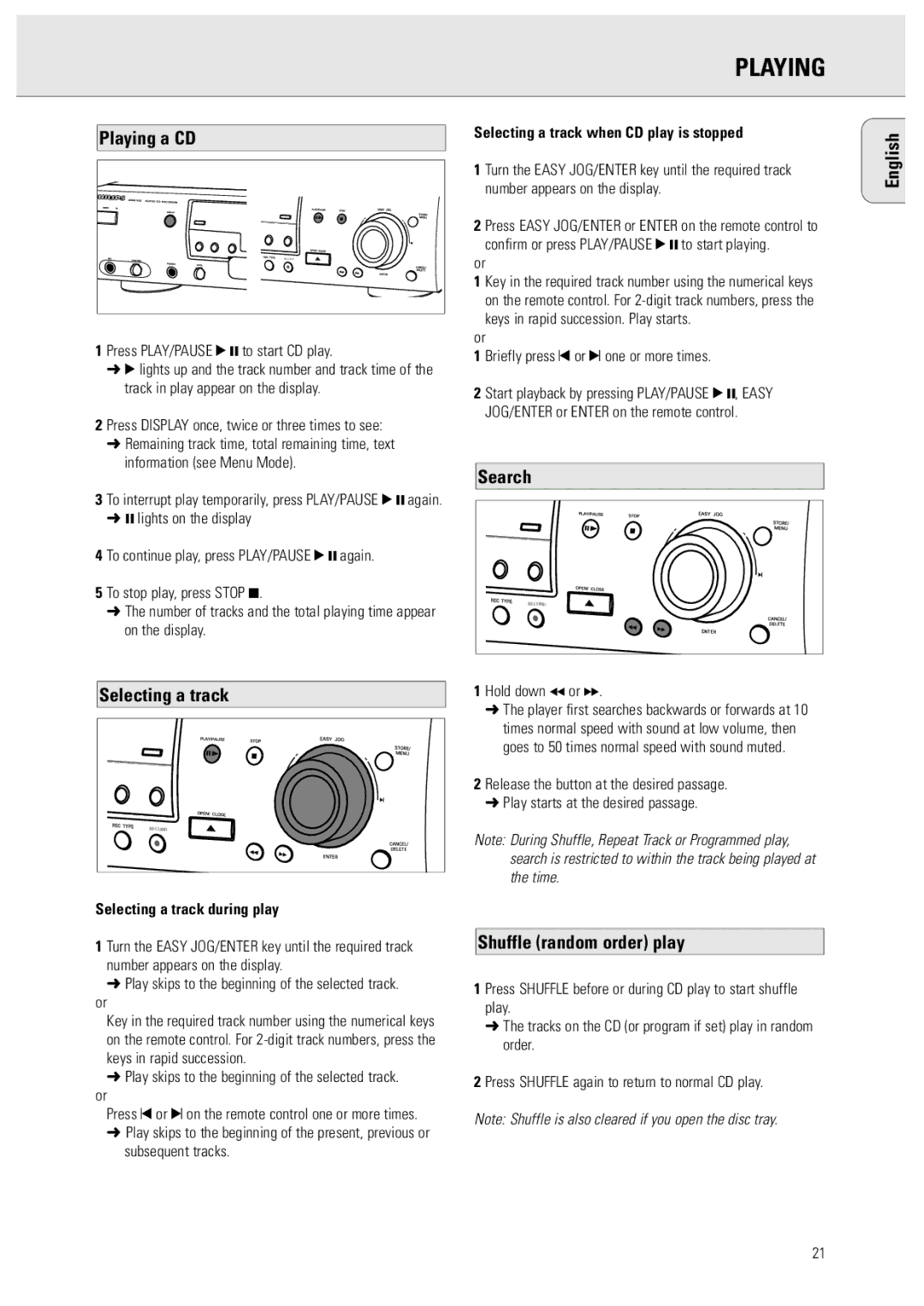 Philips 950 manual Playing a CD, Search, English Selecting a track, Shuffle random order play 