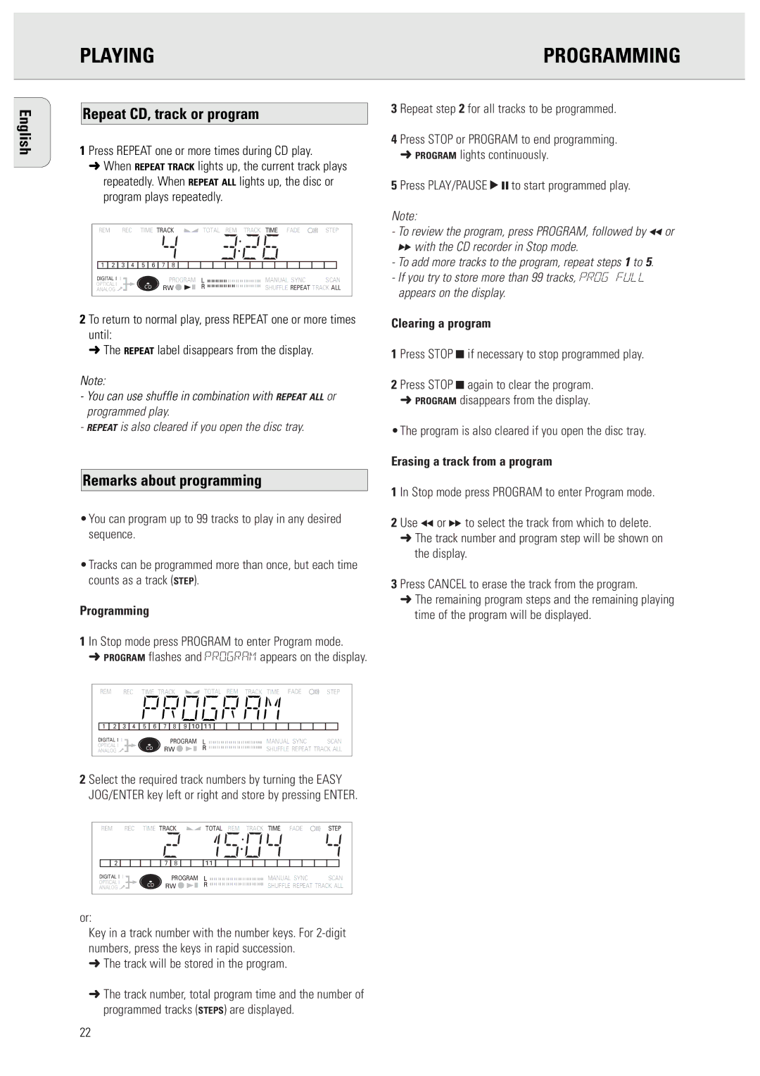 Philips 950 manual Playing Programming, English Repeat CD, track or program, Remarks about programming 