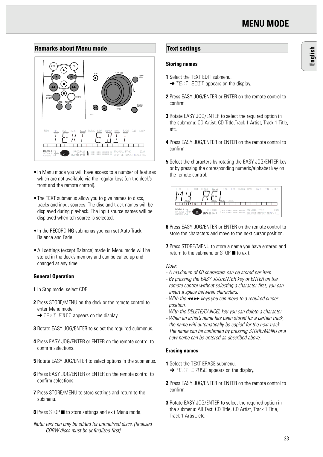 Philips 950 manual Menu Mode, Remarks about Menu mode 