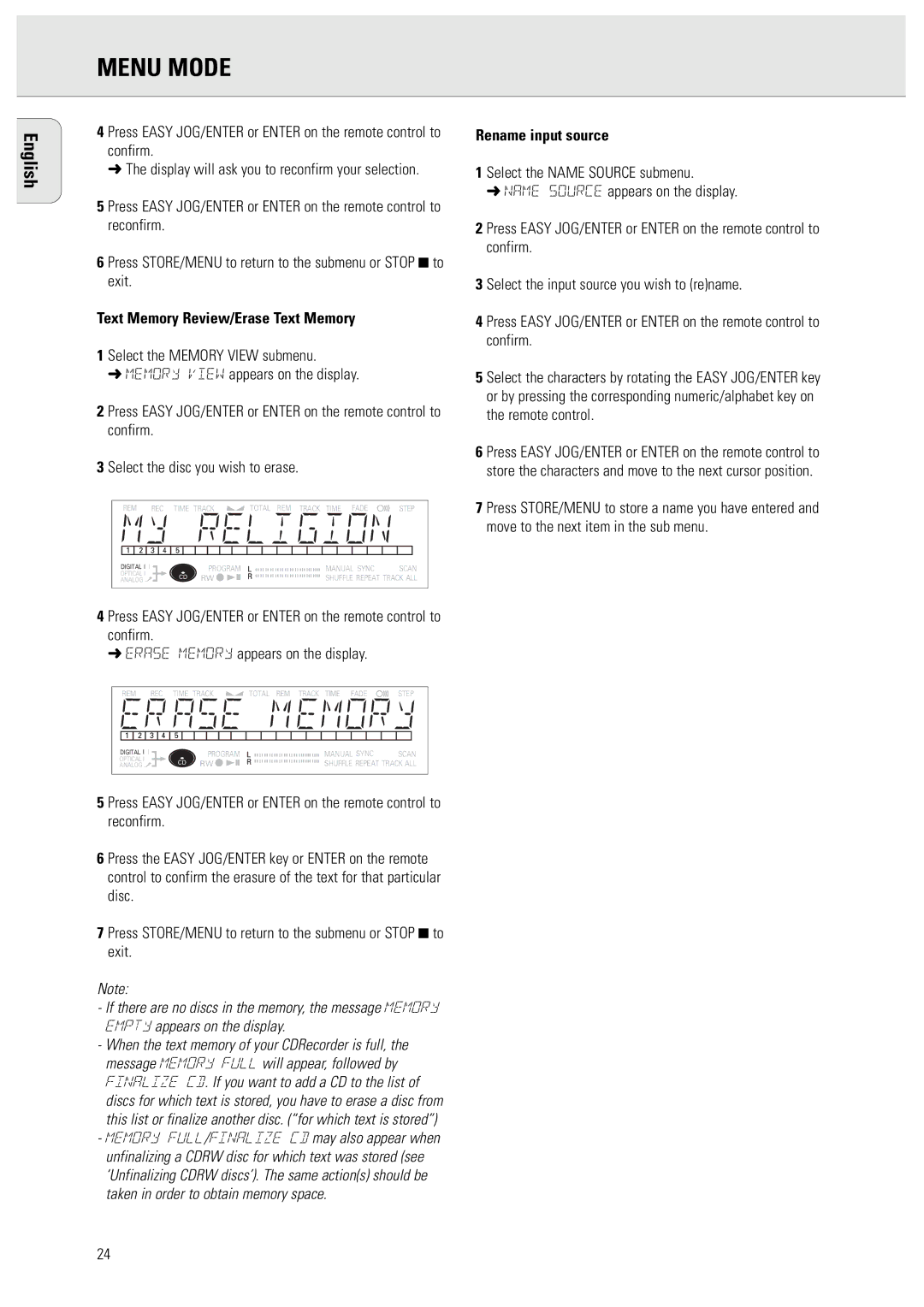 Philips 950 manual Text Memory Review/Erase Text Memory, Rename input source 