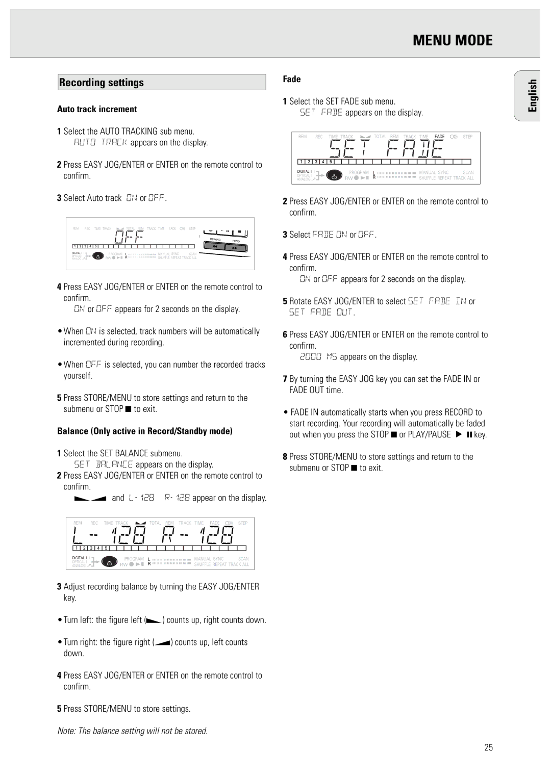 Philips 950 manual Recording settings, Auto track increment, Balance Only active in Record/Standby mode, Fade 