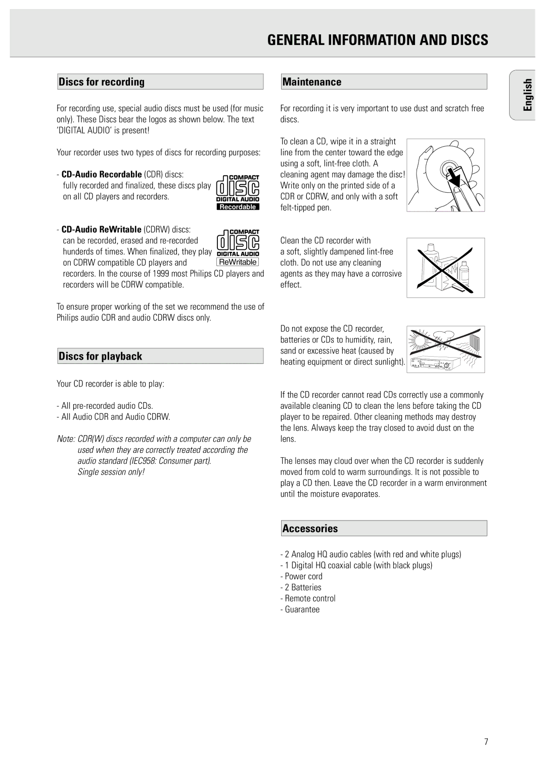 Philips 950 manual General Information and Discs, Discs for recording Maintenance English, Discs for playback, Accessories 