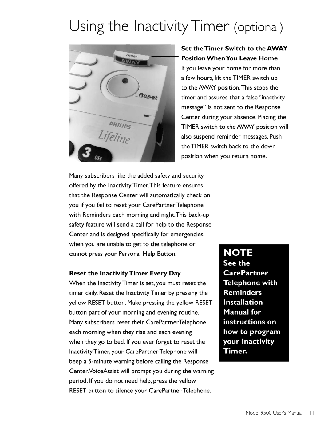 Philips 9500 user manual Using the Inactivity Timer optional, Reset the Inactivity Timer Every Day 