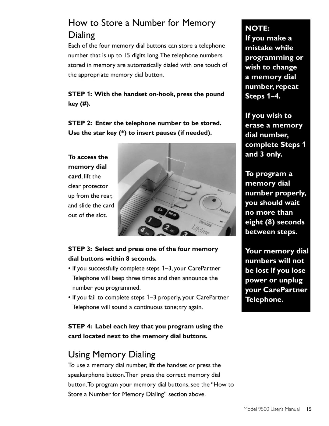 Philips 9500 user manual How to Store a Number for Memory Dialing, Using Memory Dialing 