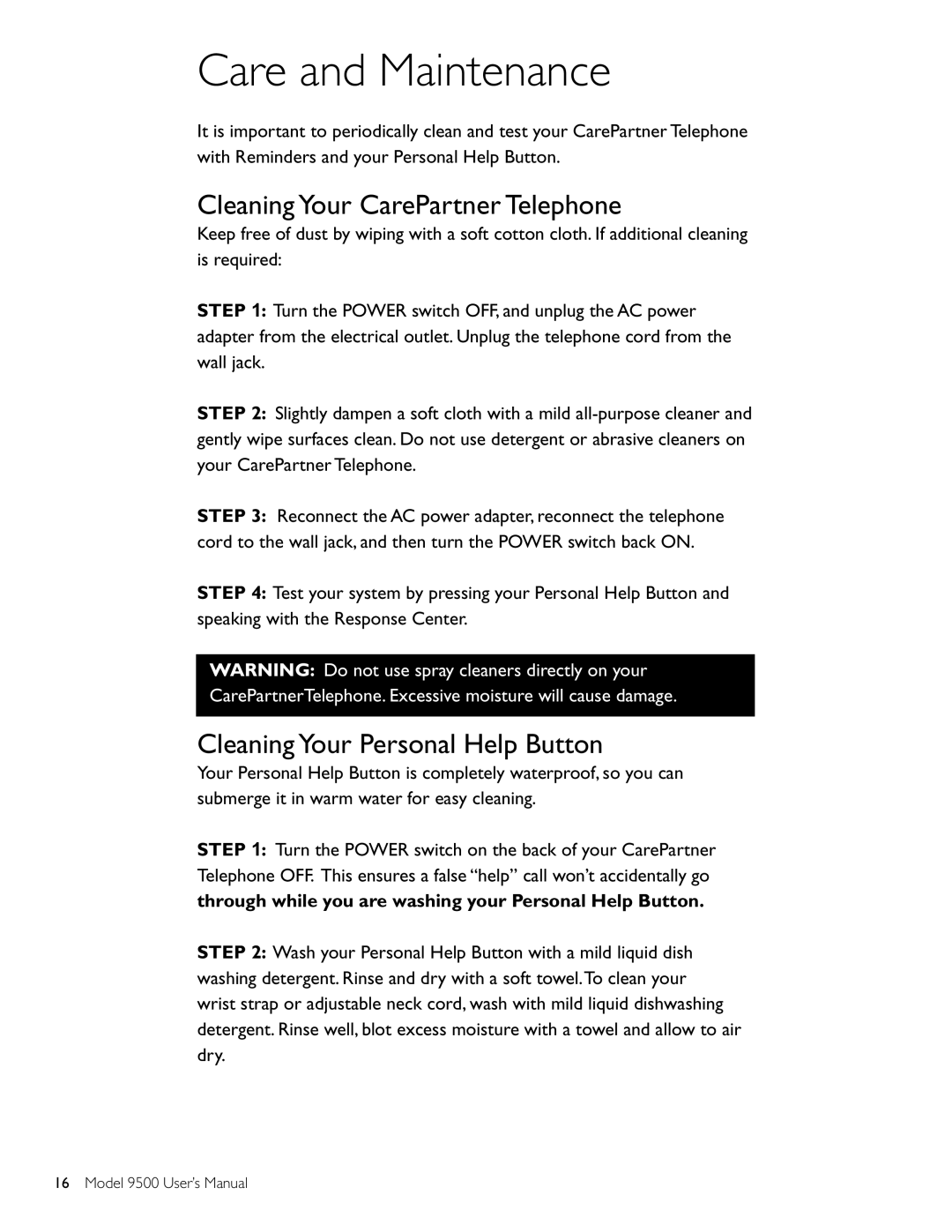 Philips 9500 user manual Care and Maintenance, Cleaning Your CarePartner Telephone, Cleaning Your Personal Help Button 