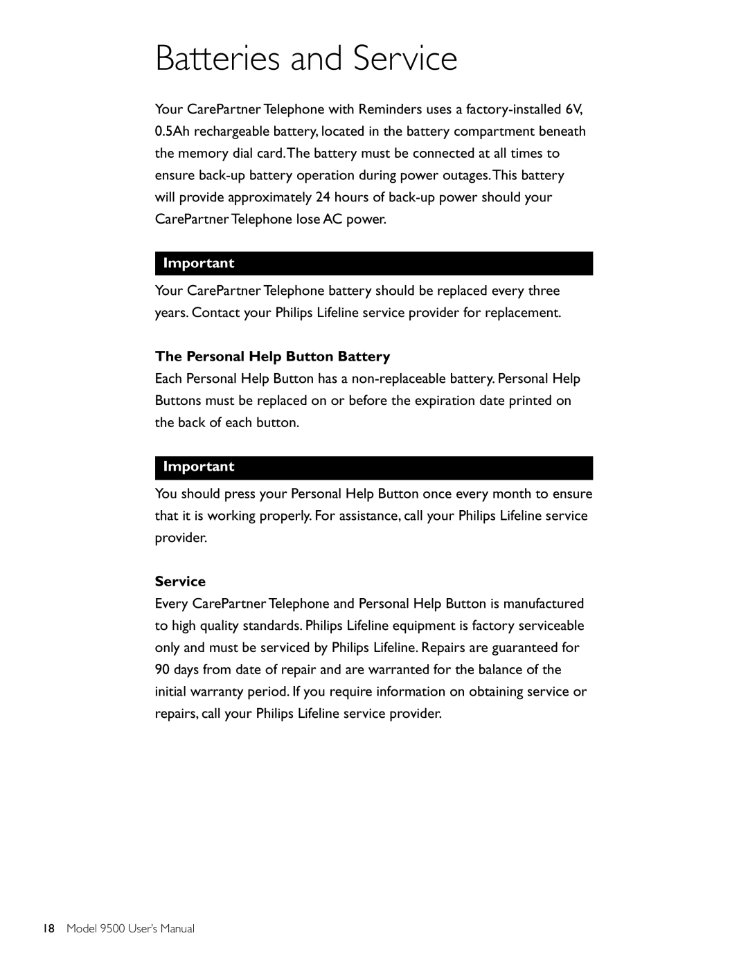 Philips 9500 user manual Batteries and Service, Personal Help Button Battery 