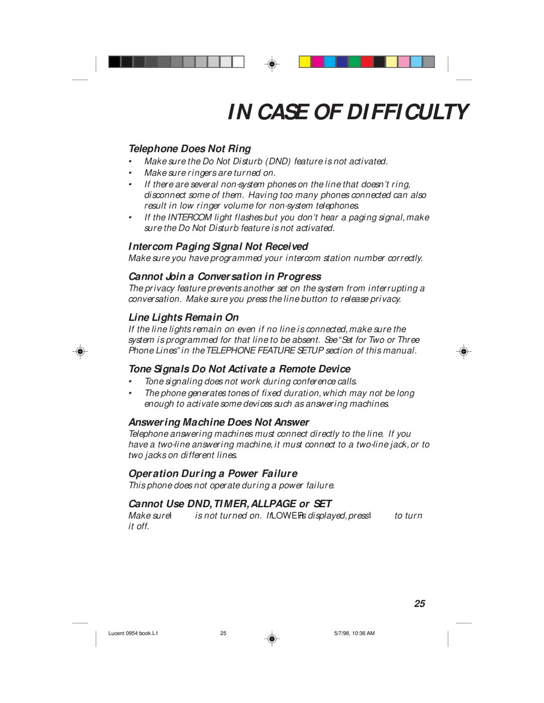 Philips 954 manual Telephone Does Not Ring, Intercom Paging Signal Not Received, Cannot Join a Conversation in Progress 