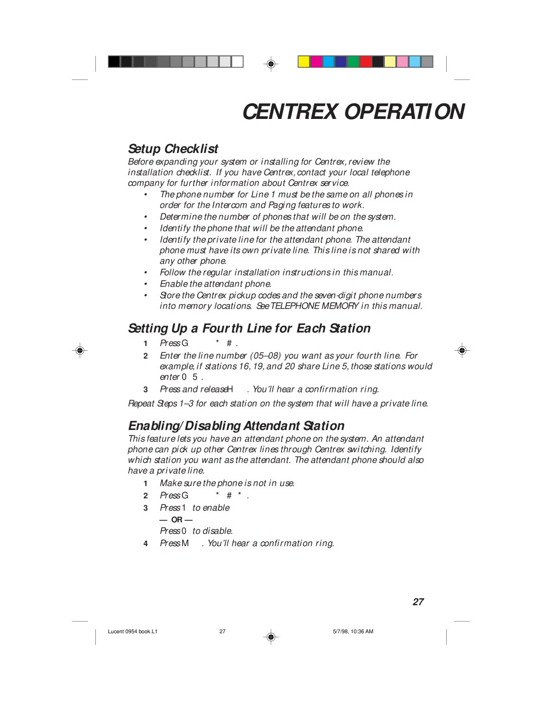 Philips 954 manual Centrex Operation, Setup Checklist, Setting Up a Fourth Line for Each Station 