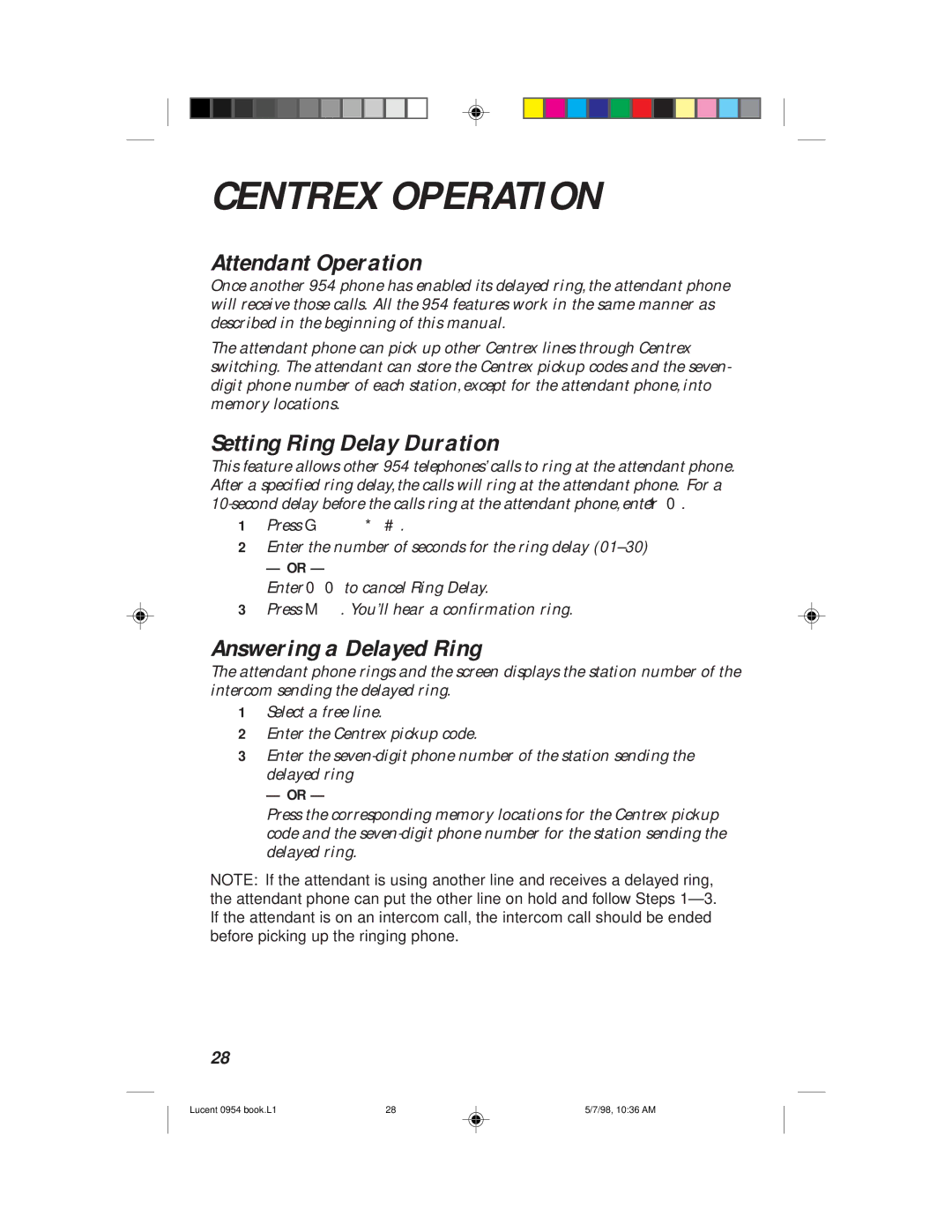 Philips 954 manual Attendant Operation, Setting Ring Delay Duration, Answering a Delayed Ring 