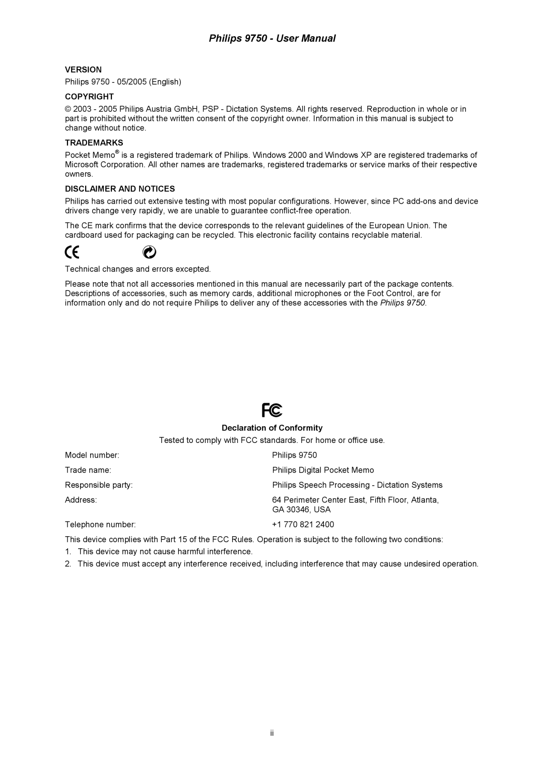 Philips 9750 user manual Copyright, Declaration of Conformity 